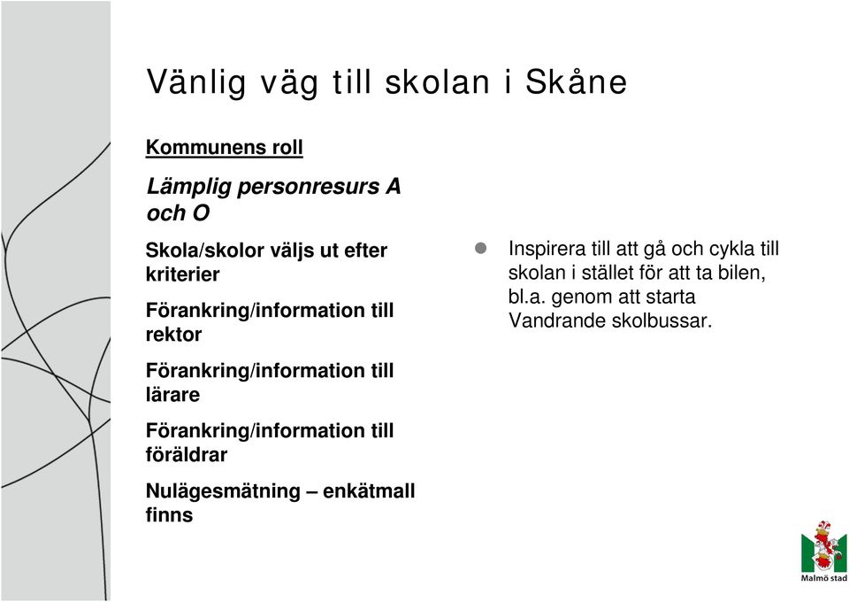 lärare Förankring/information till föräldrar Nulägesmätning enkätmall finns Inspirera till