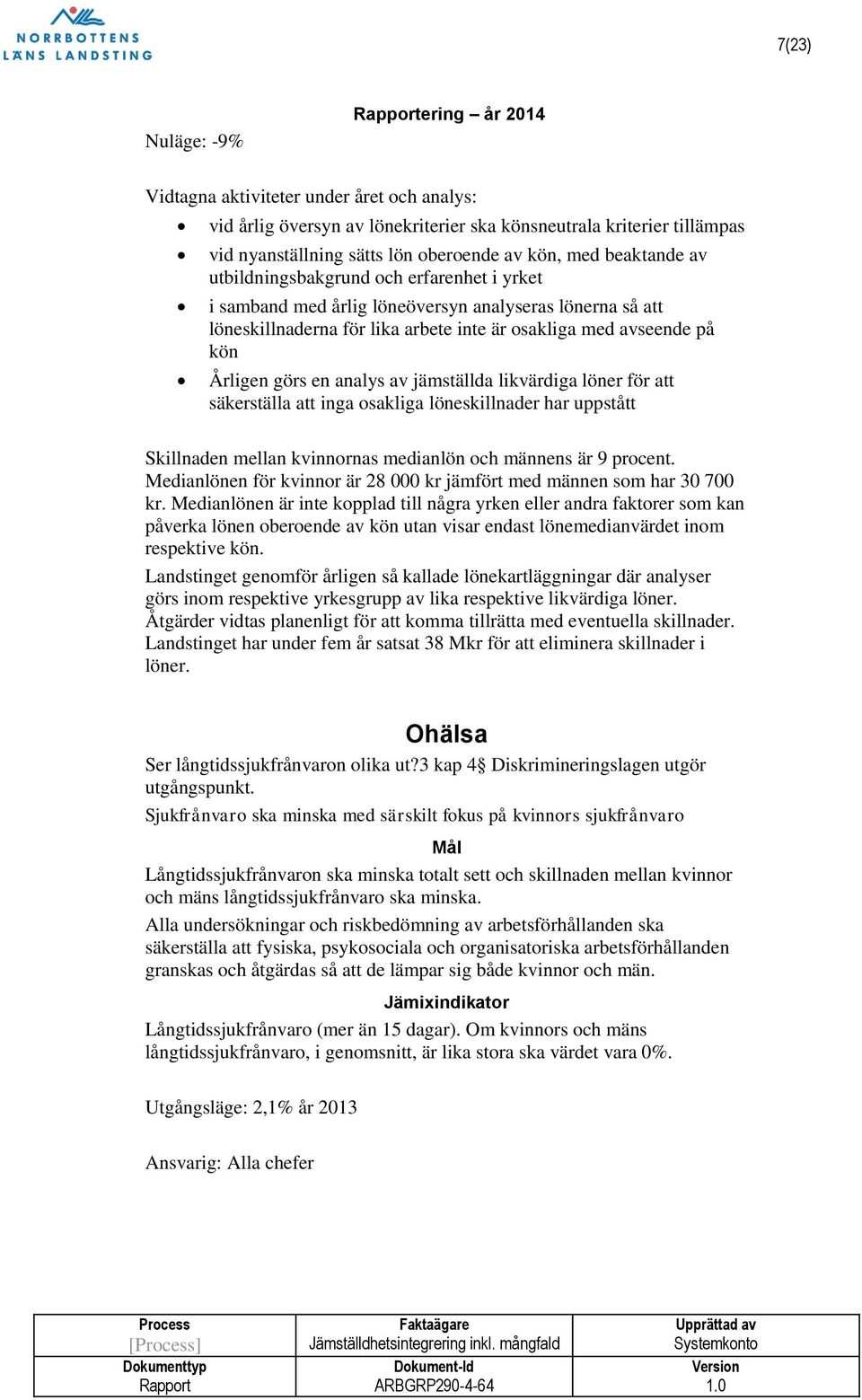 Årligen görs en analys av jämställda likvärdiga löner för att säkerställa att inga osakliga löneskillnader har uppstått Skillnaden mellan kvinnornas medianlön och männens är 9 procent.