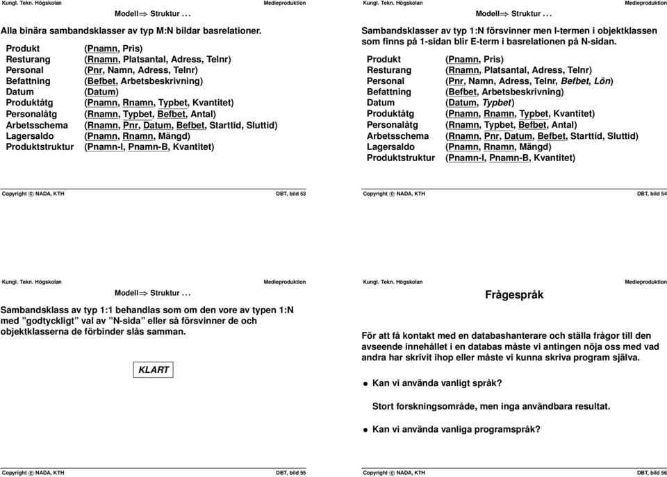 Sluttid) Lagersaldo (Pnamn, Rnamn, Mängd) Produktstruktur (Pnamn-I, Pnamn-B, Kvantitet) Sambandsklasser av typ 1:N försvinner men I-termen i objektklassen som finns på 1-sidan blir E-term i