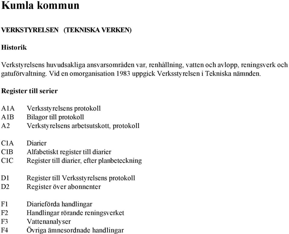 Register till serier A1A A1B A2 C1A C1B C1C D1 D2 F1 F2 F3 F4 Verksstyrelsens protokoll Bilagor till protokoll Verkstyrelsens arbetsutskott, protokoll Diarier