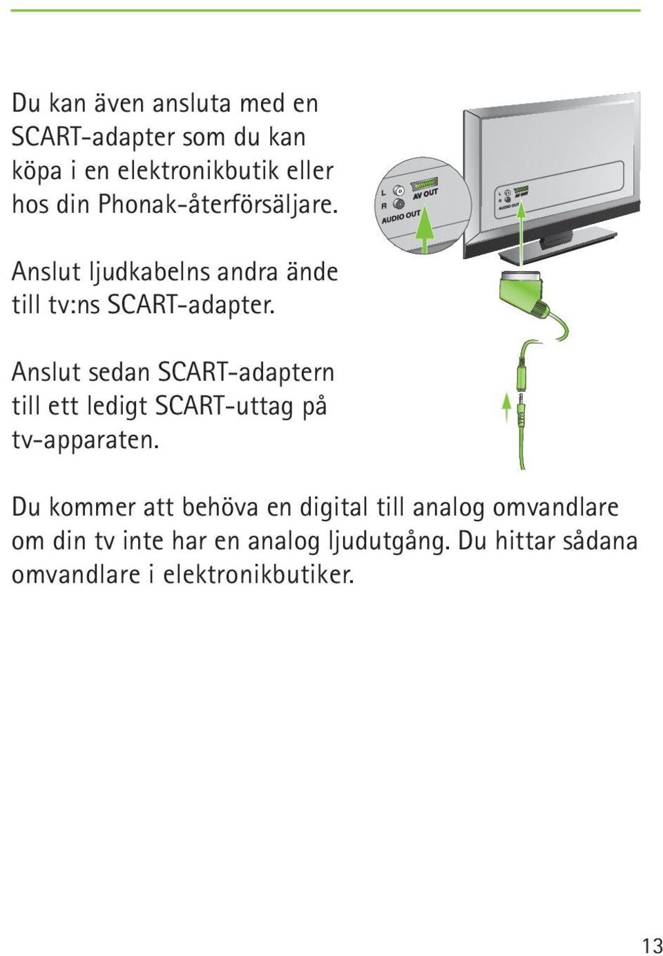 Anslut sedan SCART-adaptern till ett ledigt SCART-uttag på tv-apparaten.