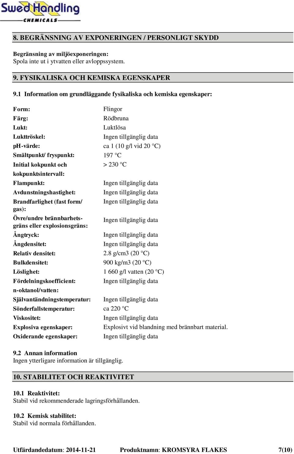 Avdunstningshastighet: Brandfarlighet (fast form/ gas): Övre/undre brännbarhetsgräns eller explosionsgräns: Ångtryck: Ångdensitet: Relativ densitet: Bulkdensitet: Löslighet: Flingor Rödbruna Luktlösa