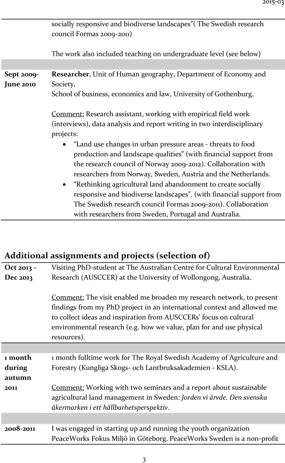 Comment: Research assistant, working with empirical field work (interviews), data analysis and report writing in two interdisciplinary projects: Land use changes in urban pressure areas - threats to