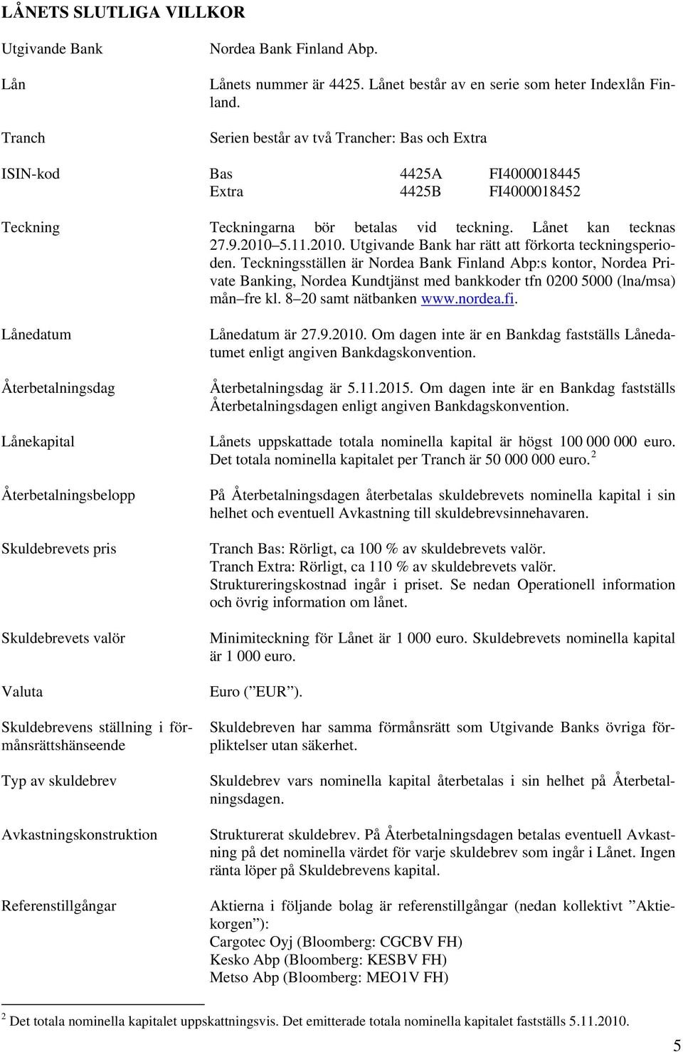 5.11.2010. Utgivande Bank har rätt att förkorta teckningsperioden.