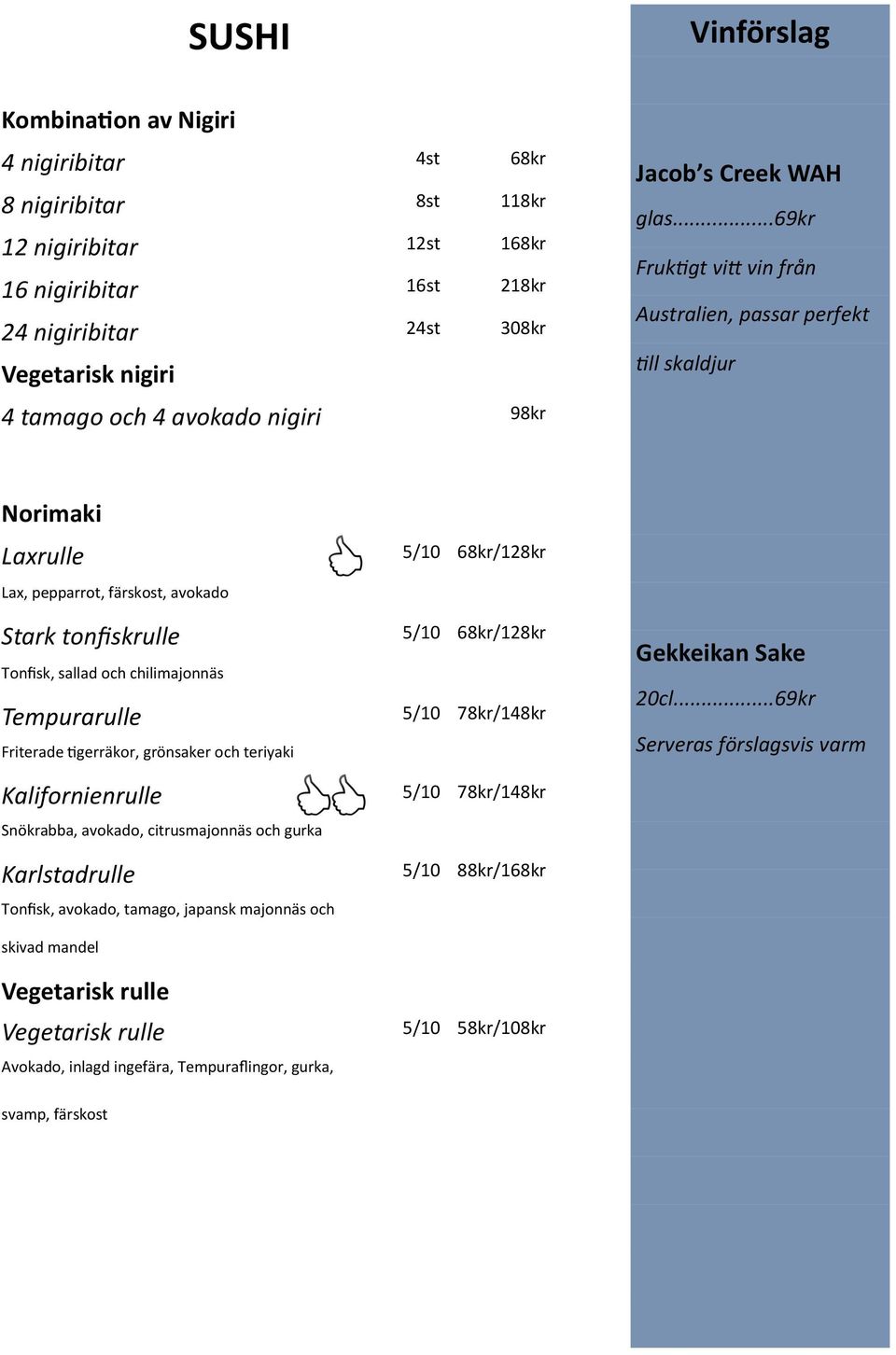 ..69kr Fruktigt vitt vin från Australien, passar perfekt till skaldjur Norimaki Laxrulle Lax, pepparrot, färskost, avokado Stark tonfiskrulle Tonfisk, sallad och chilimajonnäs Tempurarulle Friterade