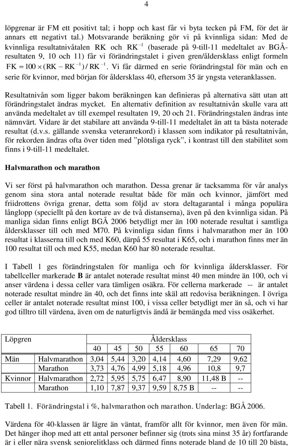 gren/åldersklass enligt formeln 1 1 FK 100 ( RK RK ) / RK. Vi får därmed en serie förändringstal för män och en serie för kvinnor, med början för åldersklass 40, eftersom 35 är yngsta veteranklassen.