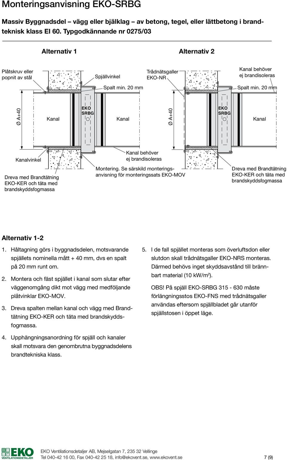 20 mm O A+40 Kanal Kanal Kanal O A+40 Kanalvinkel -KER och täta med Montering. Se särskild monteringsanvisning för monteringssats -MOV -KER och täta med Alternativ 1-2 1.