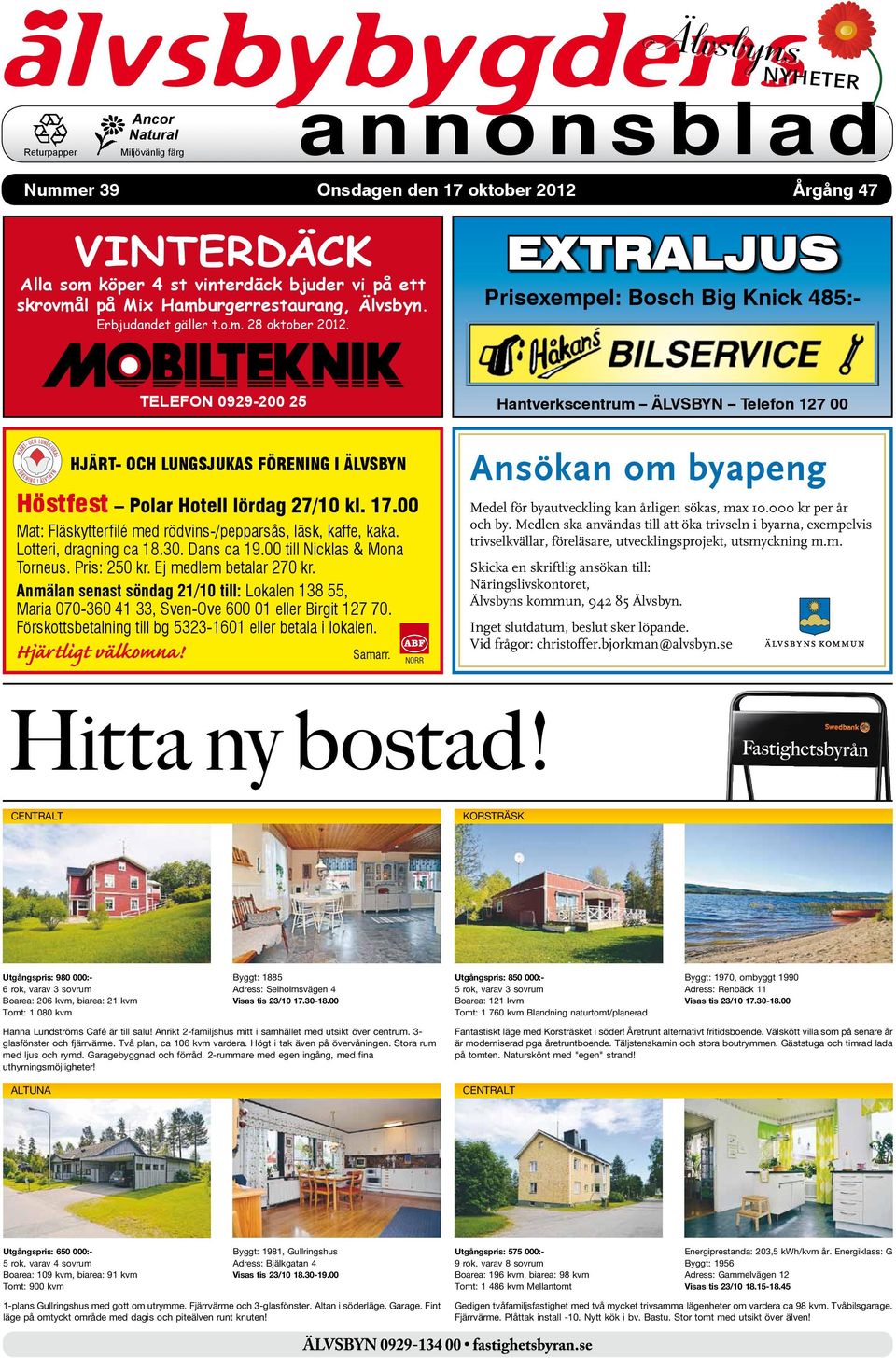 HJÄRT- OCH LUNGSJUKAS FÖRENING I ÄLVSBYN Höstfest Polar Hotell lördag 27/10 kl. 17.00 Mat: Fläskytterfilé med rödvins-/pepparsås, läsk, kaffe, kaka. Lotteri, dragning ca 18.30. Dans ca 19.