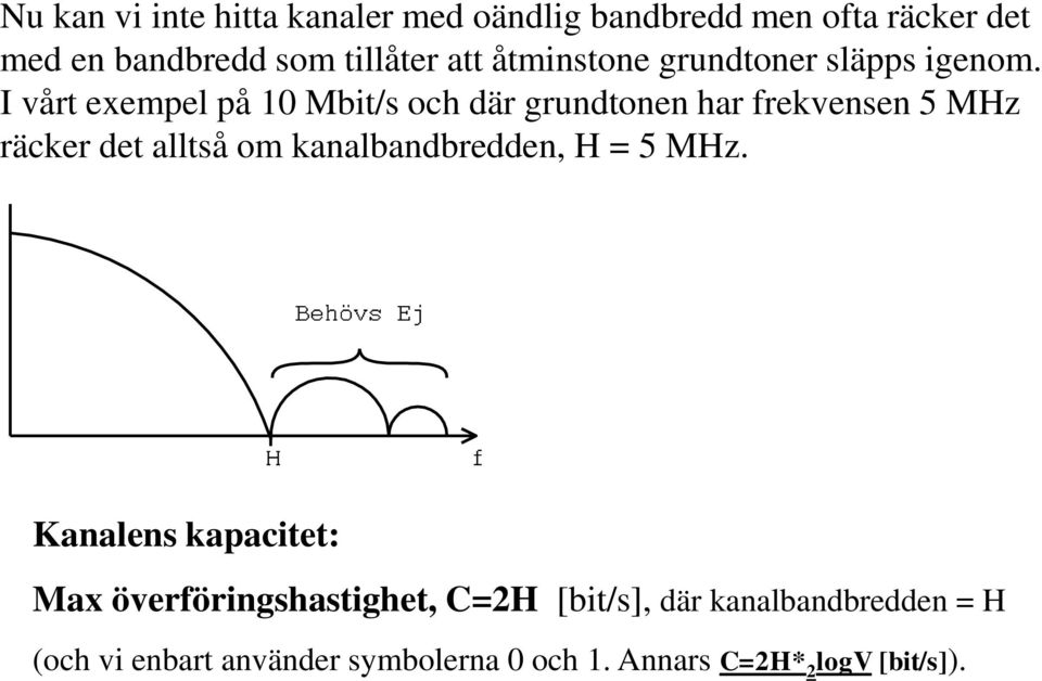 I vårt exempel på 10 Mbit/s och där grundtonen har frekvensen 5 MHz räcker det alltså om