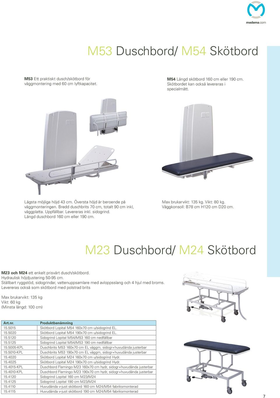 Längd duschbord 160 cm eller 190 cm. Max brukarvikt: 135 kg. Vikt: 80 kg. Väggkonsoll: B78 cm H120 cm D20 cm. M23 Duschbord/ M24 Skötbord M23 och M24 ett enkelt prisvärt dusch/skötbord.