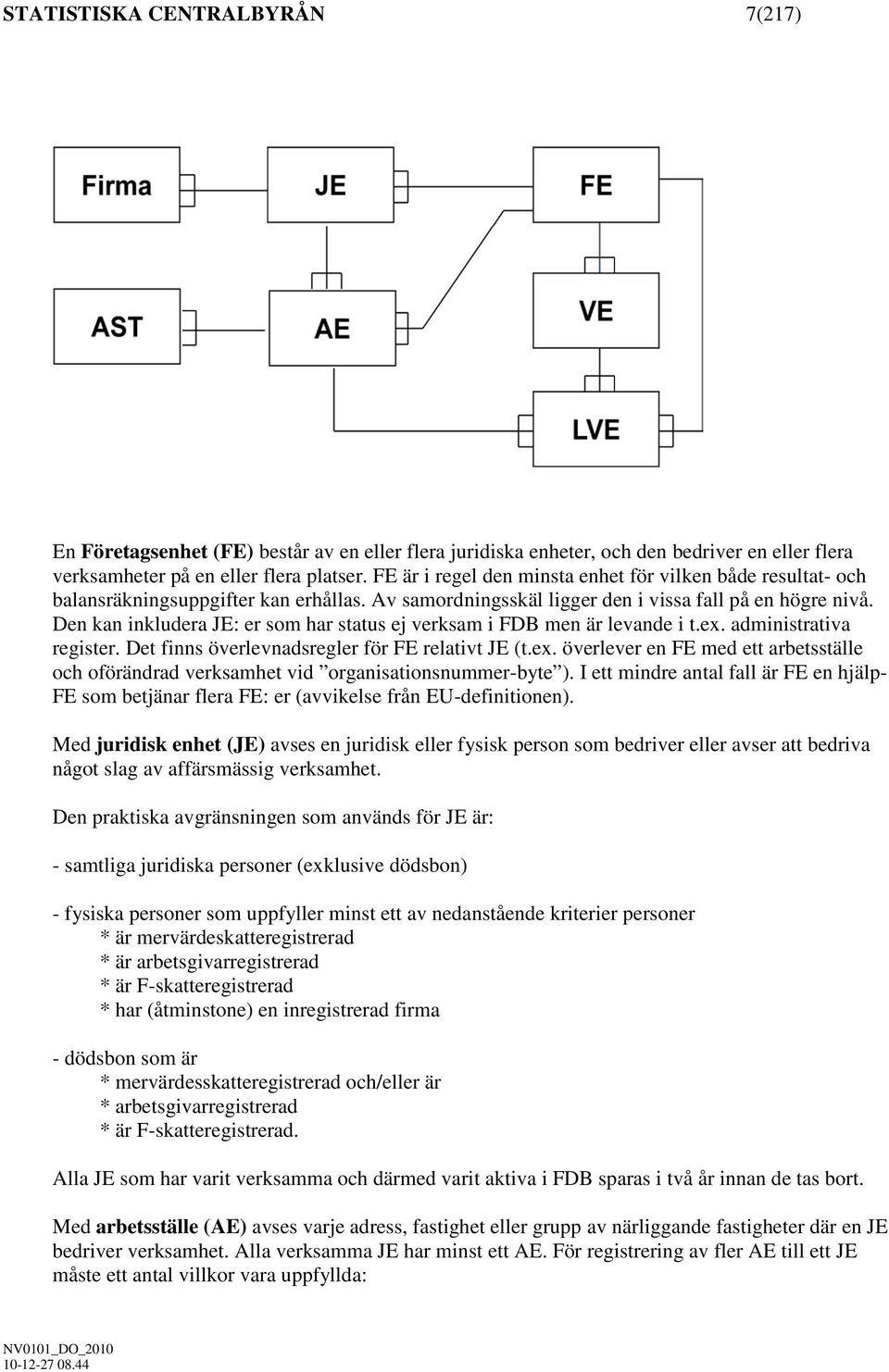 Den kan inkludera JE: er som har status ej verksam i FDB men är levande i t.ex. administrativa register. Det finns överlevnadsregler för FE relativt JE (t.ex. överlever en FE med ett arbetsställe och oförändrad verksamhet vid organisationsnummer-byte ).