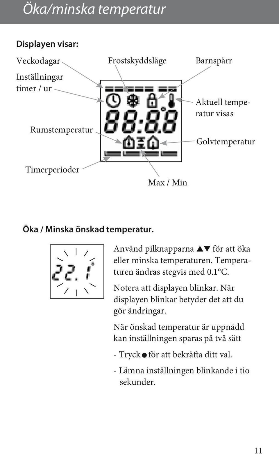 Temperaturen ändras stegvis med 0.1 C. Notera att displayen blinkar. När displayen blinkar betyder det att du gör ändringar.