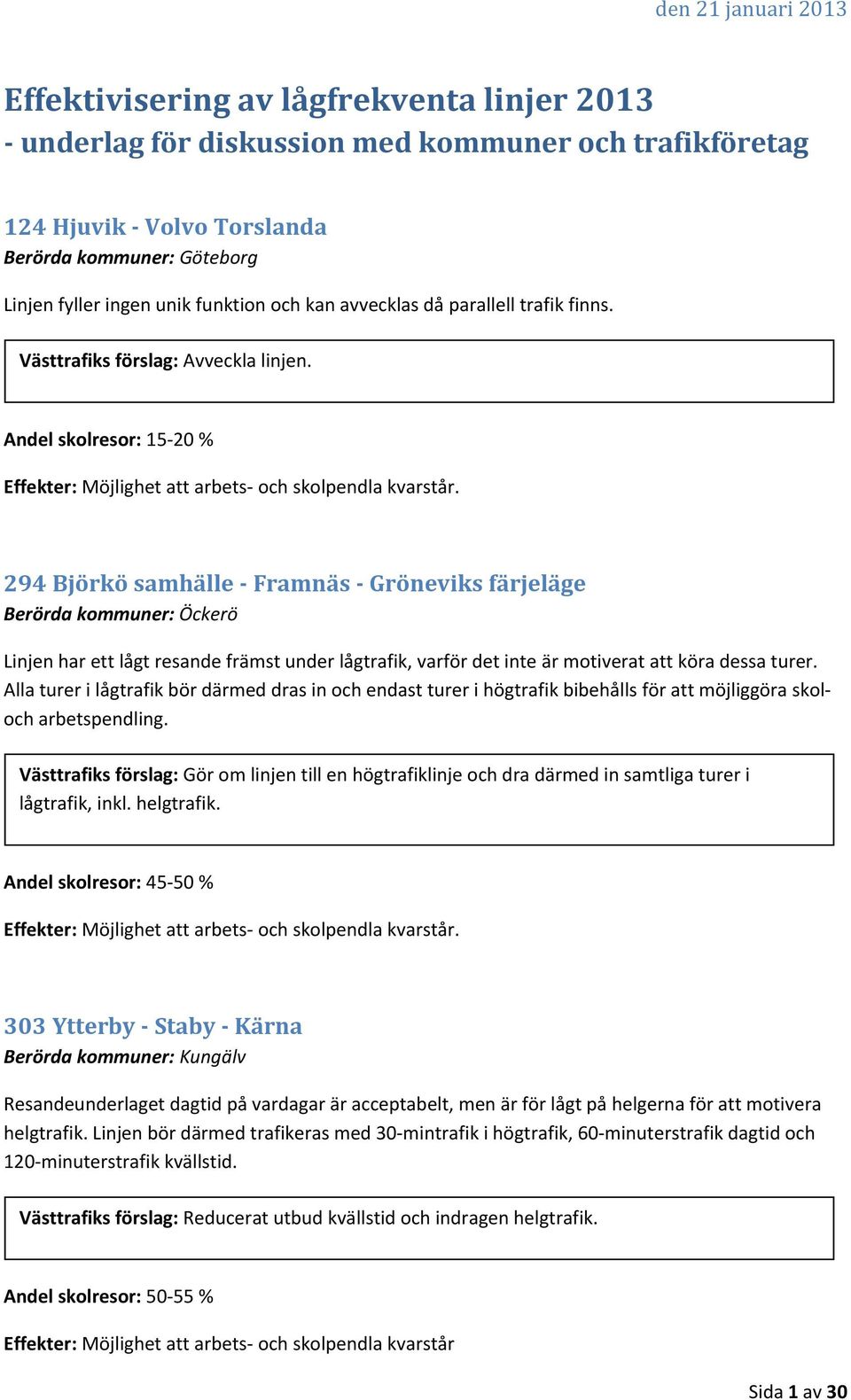 294 Björkö samhälle Framnäs Gröneviks färjeläge Berörda kommuner: Öckerö Linjen har ett lågt resande främst under lågtrafik, varför det inte är motiverat att köra dessa turer.