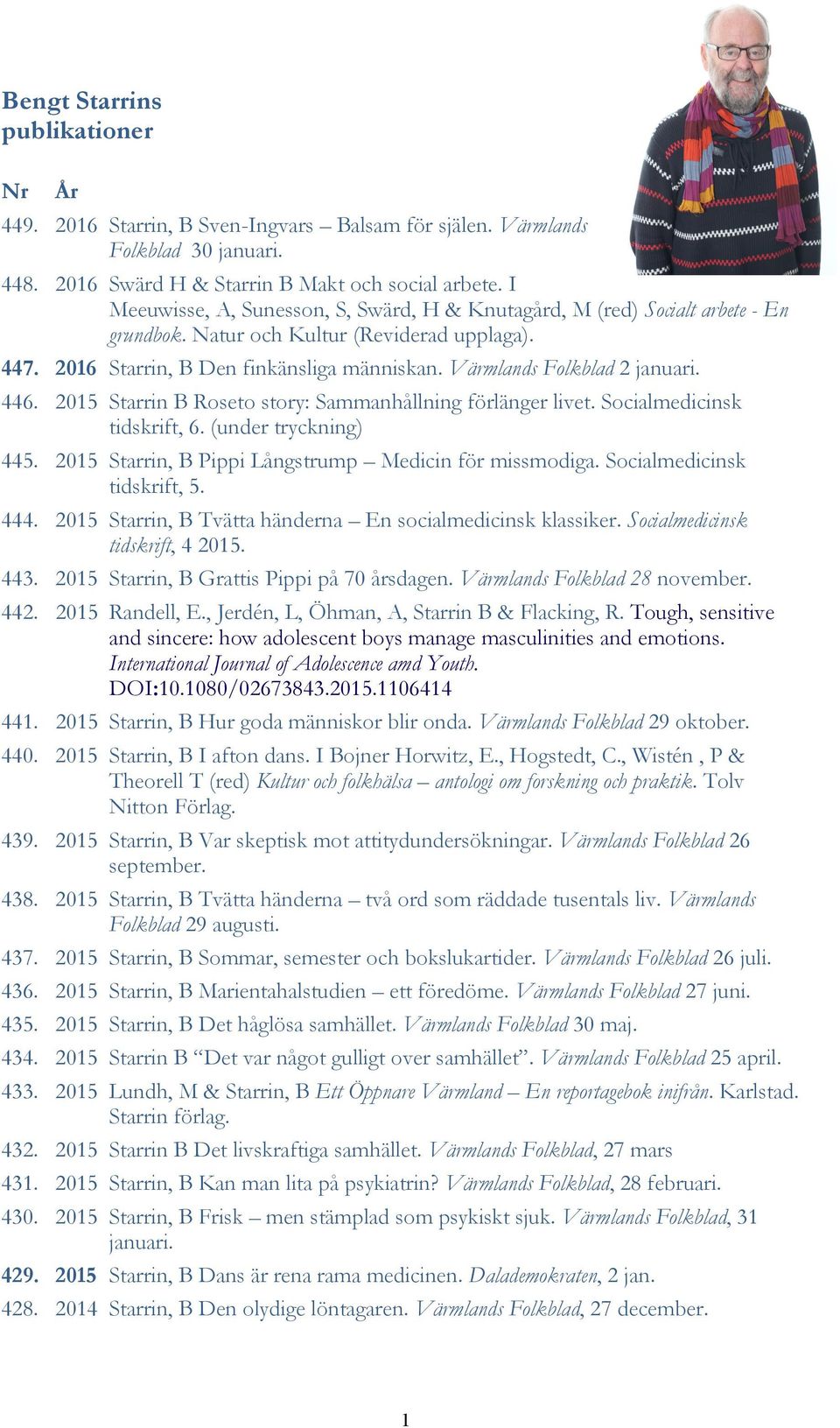 Värmlands Folkblad 2 januari. 446. 2015 Starrin B Roseto story: Sammanhållning förlänger livet. Socialmedicinsk tidskrift, 6. (under tryckning) 445.