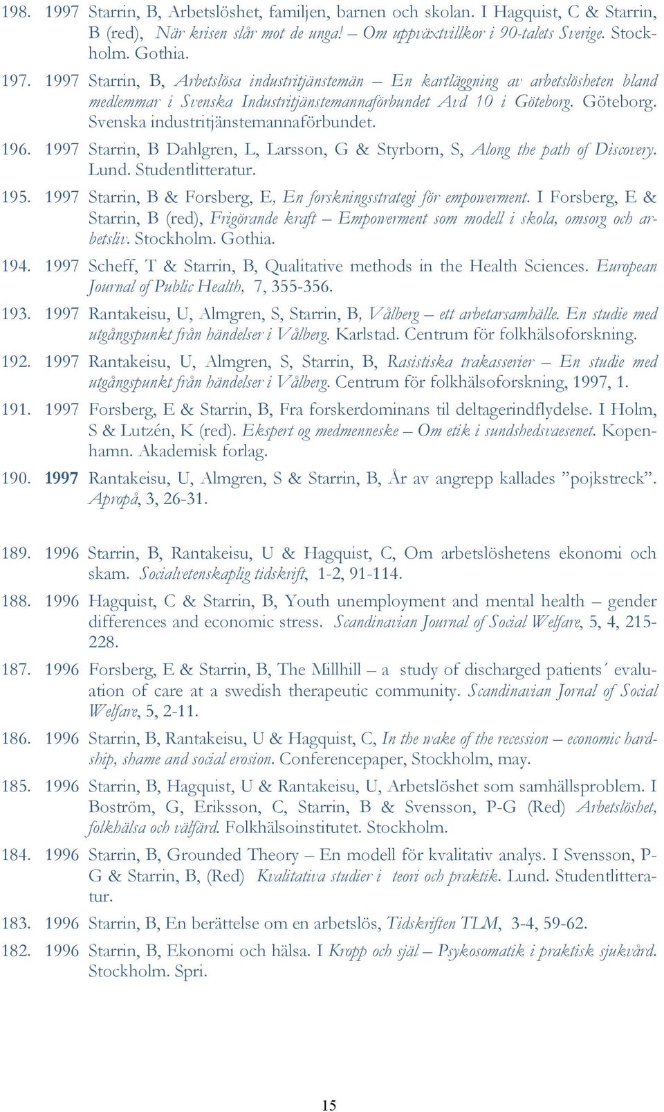196. 1997 Starrin, B Dahlgren, L, Larsson, G & Styrborn, S, Along the path of Discovery. Lund. Studentlitteratur. 195. 1997 Starrin, B & Forsberg, E, En forskningsstrategi för empowerment.