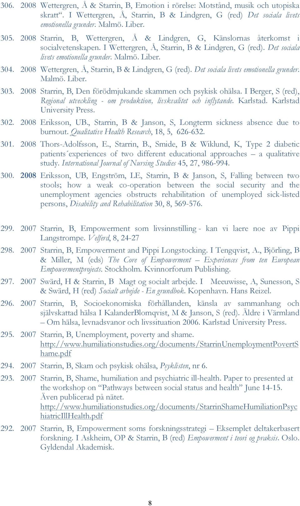 2008 Wettergren, Å, Starrin, B & Lindgren, G (red). Det sociala livets emotionella grunder. Malmö. Liber. 303. 2008 Starrin, B, Den förödmjukande skammen och psykisk ohälsa.
