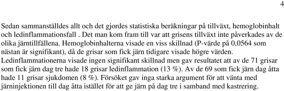 Hemoglobinhalterna visade en viss skillnad (P-värde på 0,0564 som nästan är signifikant), då de grisar som fick järn tidigare visade högre värden.