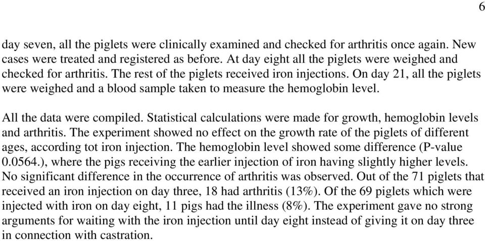 On day 21, all the piglets were weighed and a blood sample taken to measure the hemoglobin level. All the data were compiled.