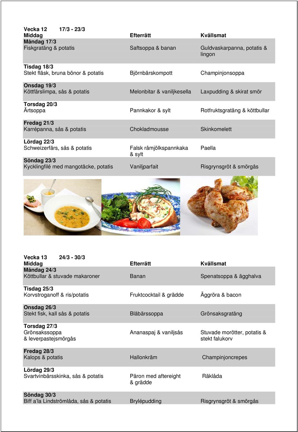 Schweizerfärs, sås & Falsk råmjölkspannkaka Paella & sylt Söndag 23/3 Kycklingfilé med mangotäcke, Vaniljparfait Risgrynsgröt & smörgås Vecka 13 24/3-30/3 Måndag 24/3 Köttbullar & stuvade makaroner