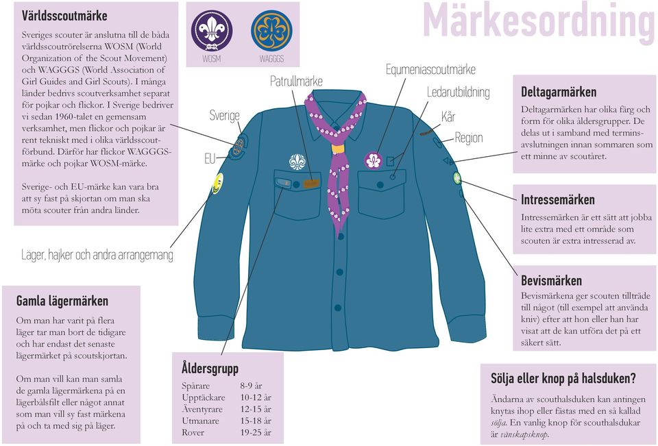 I Sverige bedriver vi sedan 1960-talet en gemensam verksamhet, men flickor och pojkar är rent tekniskt med i olika världsscoutförbund. Därför har flickor WAGGGSmärke och pojkar WOSM-märke.