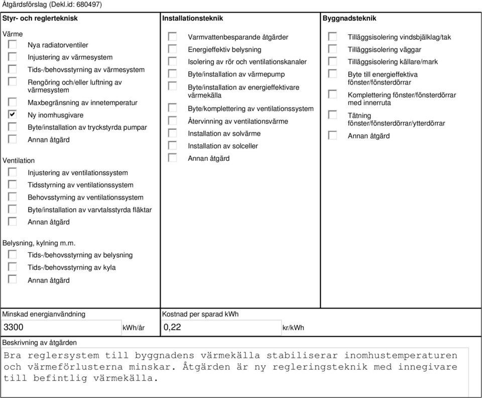 innetemperatur Ny inomhusgivare Byte/installation av tryckstyrda pumpar Injustering av ventilationssystem Tidsstyrning av ventilationssystem Behovsstyrning av ventilationssystem Byte/installation av