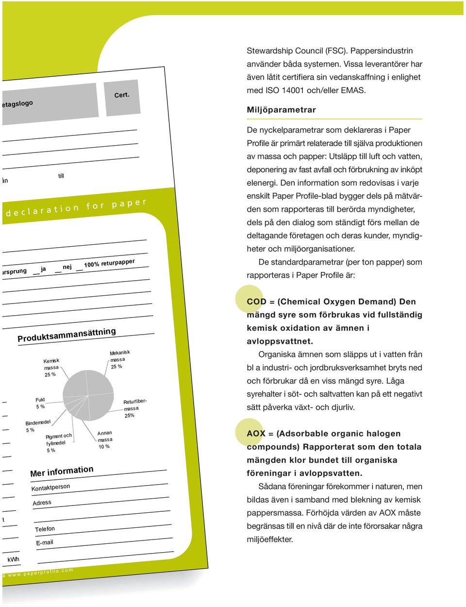 Miljöparametrar De nyckelparametrar som deklareras i Paper Profile är primärt relaterade till själva produktionen av massa och papper: Utsläpp till luft och vatten, deponering av fast avfall och