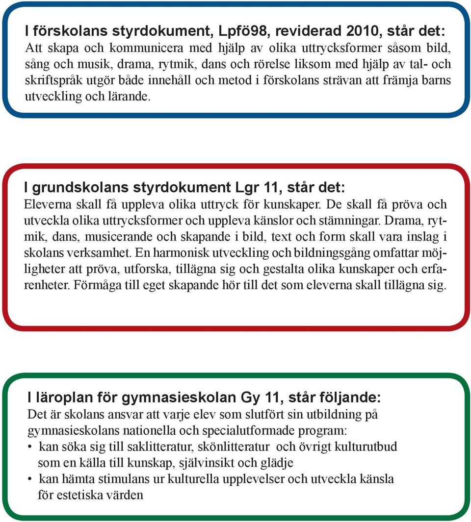 I grundskolans styrdokument Lgr 11, står det: Eleverna skall få uppleva olika uttryck för kunskaper. De skall få pröva och utveckla olika uttrycksformer och uppleva känslor och stämningar.