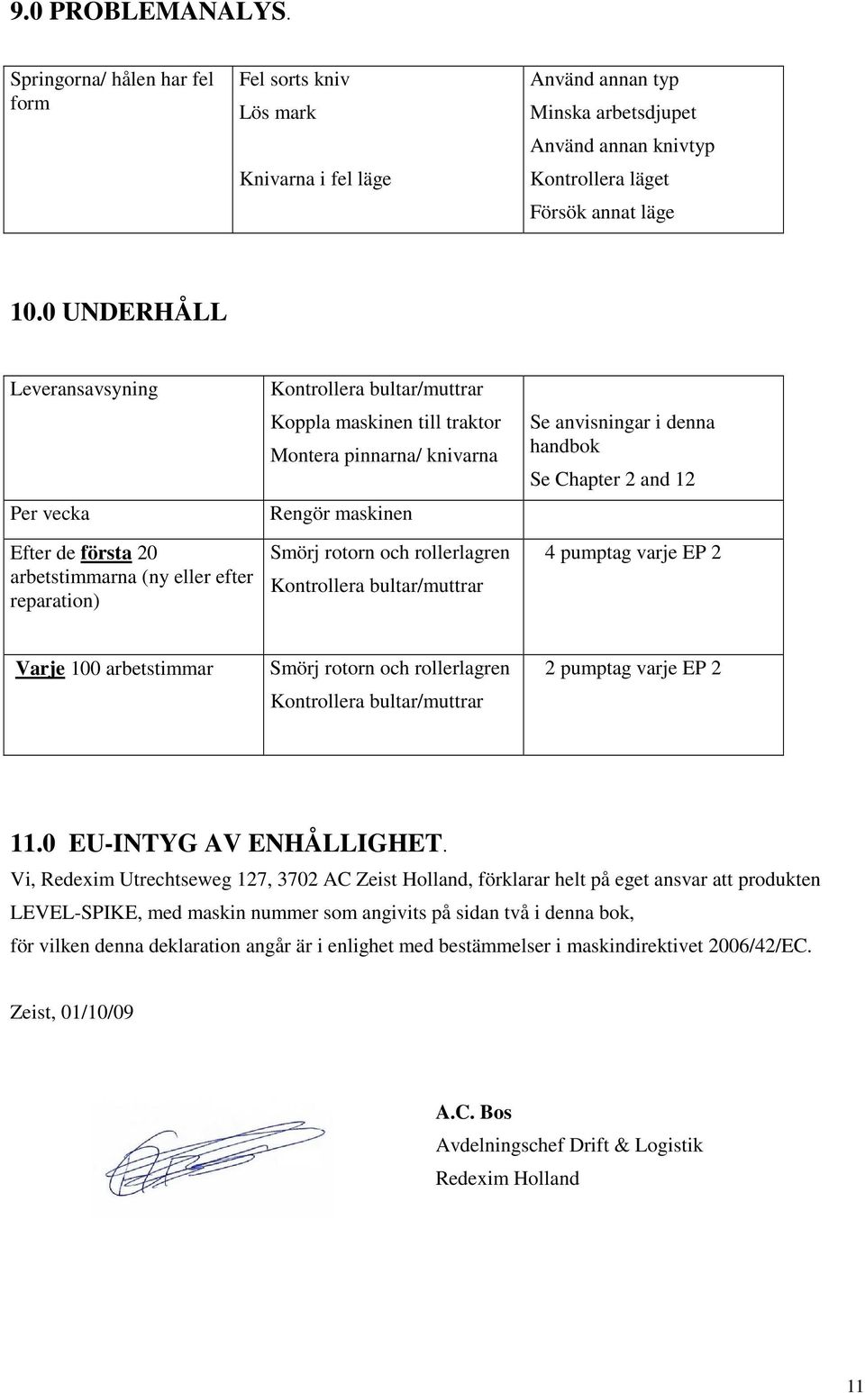 Smörj rotorn och rollerlagren Kontrollera bultar/muttrar Se anvisningar i denna handbok Se Chapter 2 and 12 4 pumptag varje EP 2 Varje 100 arbetstimmar Smörj rotorn och rollerlagren Kontrollera
