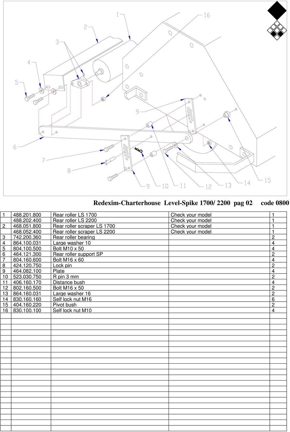 031 Large washer 10 4 5 804.100.500 Bolt M10 x 50 4 6 464.121.300 Rear roller support SP 2 7 804.160.600 Bolt M16 x 60 4 8 424.120.750 Lock pin 2 9 464.082.100 Plate 4 10 523.030.
