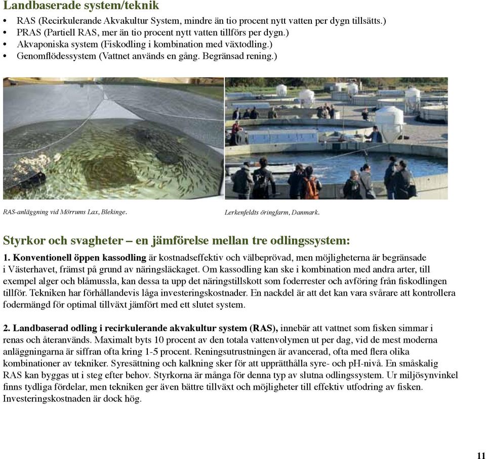 Lerkenfeldts öringfarm, Danmark. Styrkor och svagheter en jämförelse mellan tre odlingssystem: 1.