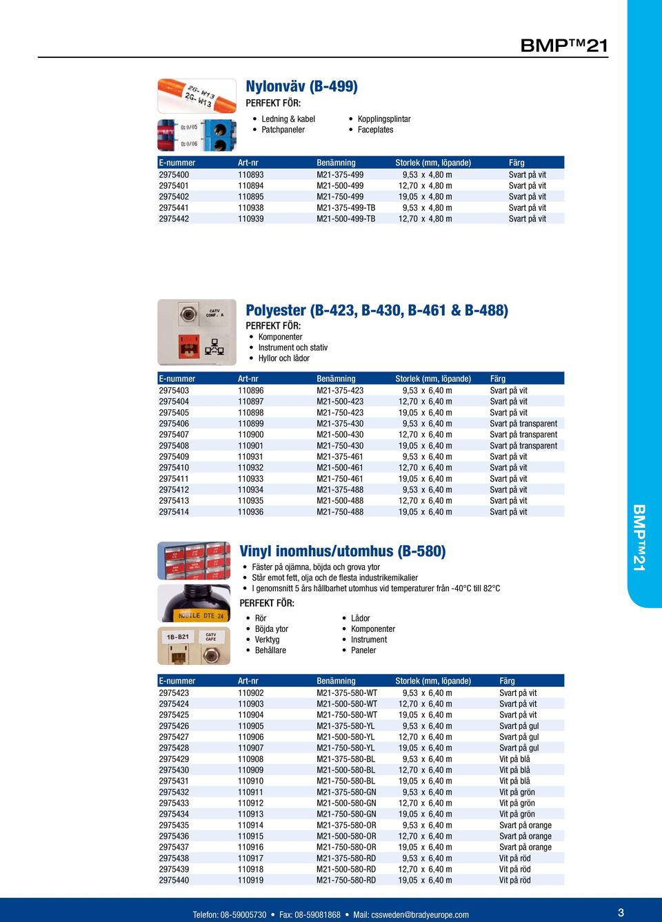 m Svart på vit Polyester (-423, -430, -461 & -488) PERFEKT FÖR: Komponenter Instrument och stativ Hyllor och lådor E-nummer rt-nr enämning Storlek (mm, löpande) 2975403 110896 M21-375-423 9,53 x 6,40