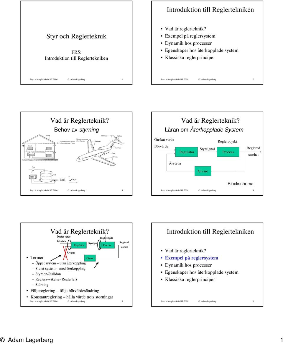 Läran om Åerkopplade Sysem Blockschema Syr- och reglereknik H Adam Lagerberg Syr- och reglereknik H Adam Lagerberg Vad är Reglereknik?