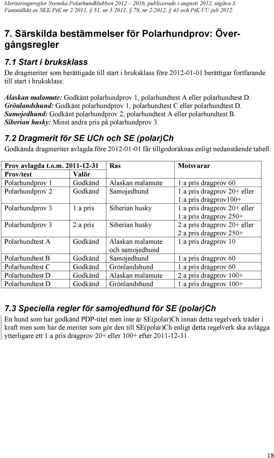 eller polarhundtest D. Grönlandshund: Godkänt polarhundprov 1, polarhundtest C eller polarhundtest D. Samojedhund: Godkänt polarhundprov 2, polarhundtest A eller polarhundtest B.