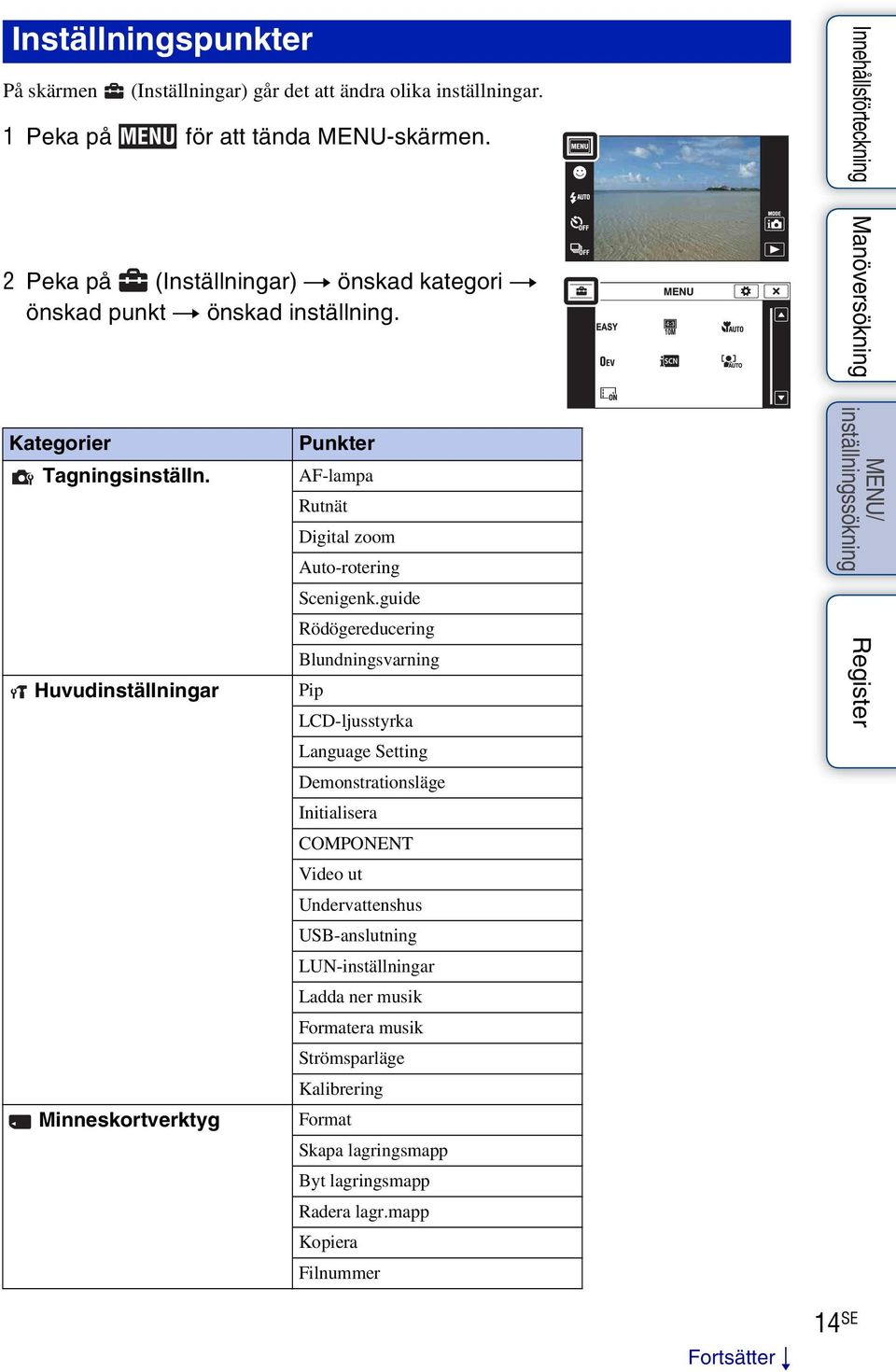 Huvudinställningar Minneskortverktyg Punkter AF-lampa Rutnät Digital zoom Auto-rotering Scenigenk.