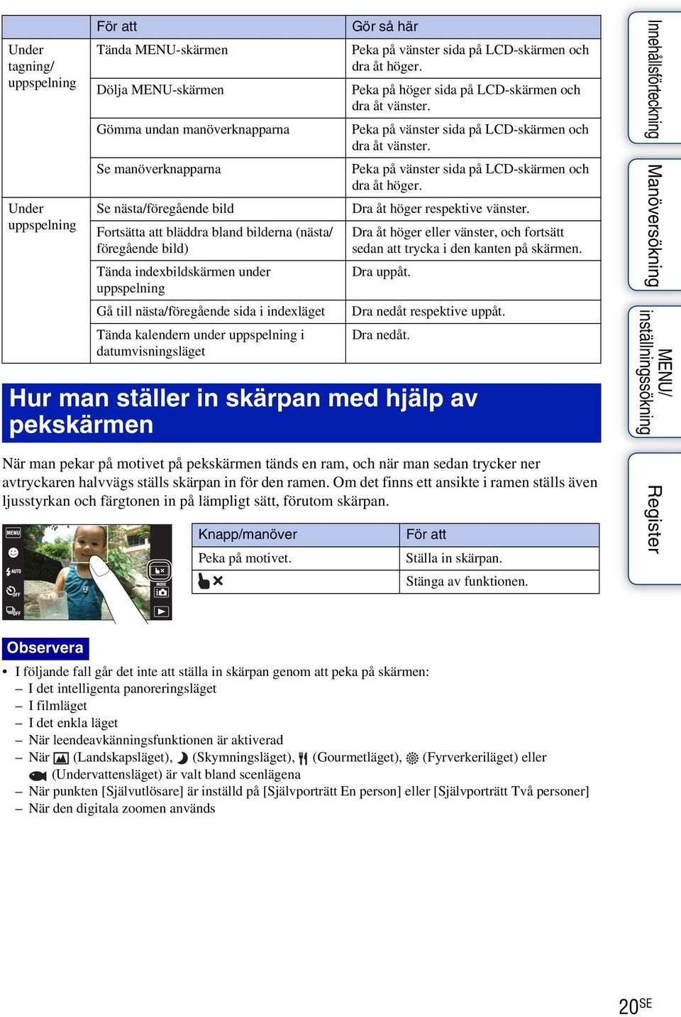 sida på LCD-skärmen och dra åt höger. Peka på höger sida på LCD-skärmen och dra åt vänster. Peka på vänster sida på LCD-skärmen och dra åt vänster.