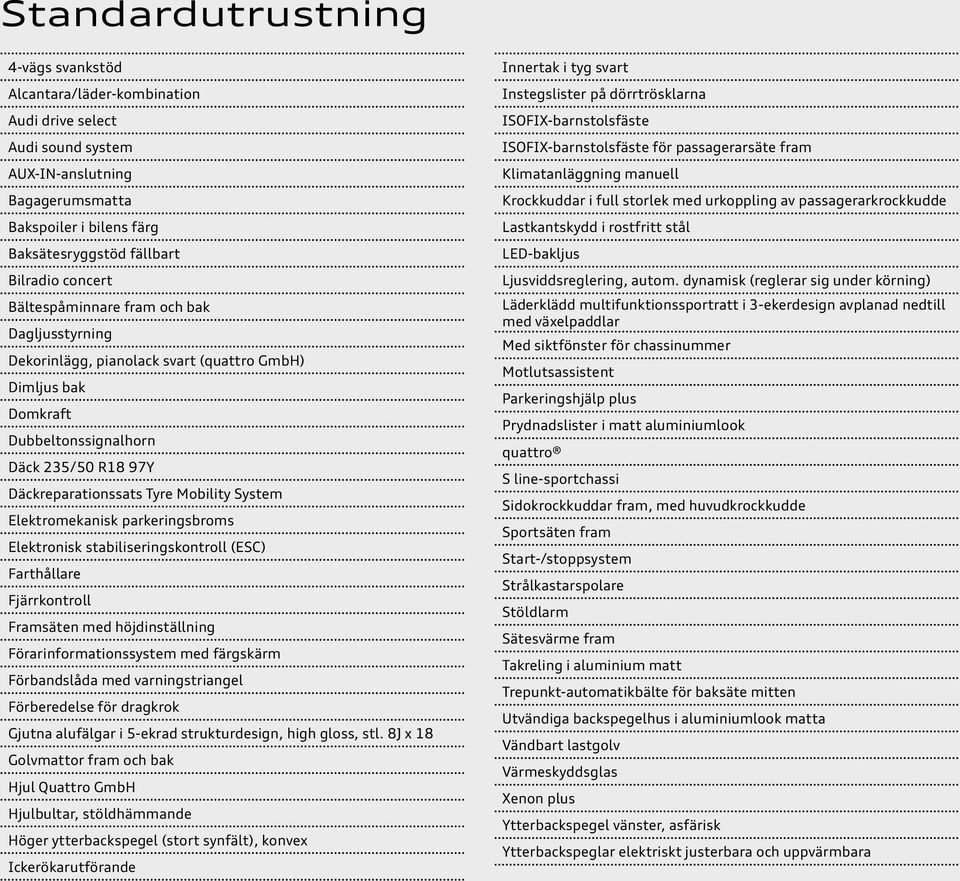 Elektromekanisk parkeringsbroms Elektronisk stabiliseringskontroll (ESC) Farthållare Fjärrkontroll Framsäten med höjdinställning Förarinformationssystem med färgskärm Förbandslåda med