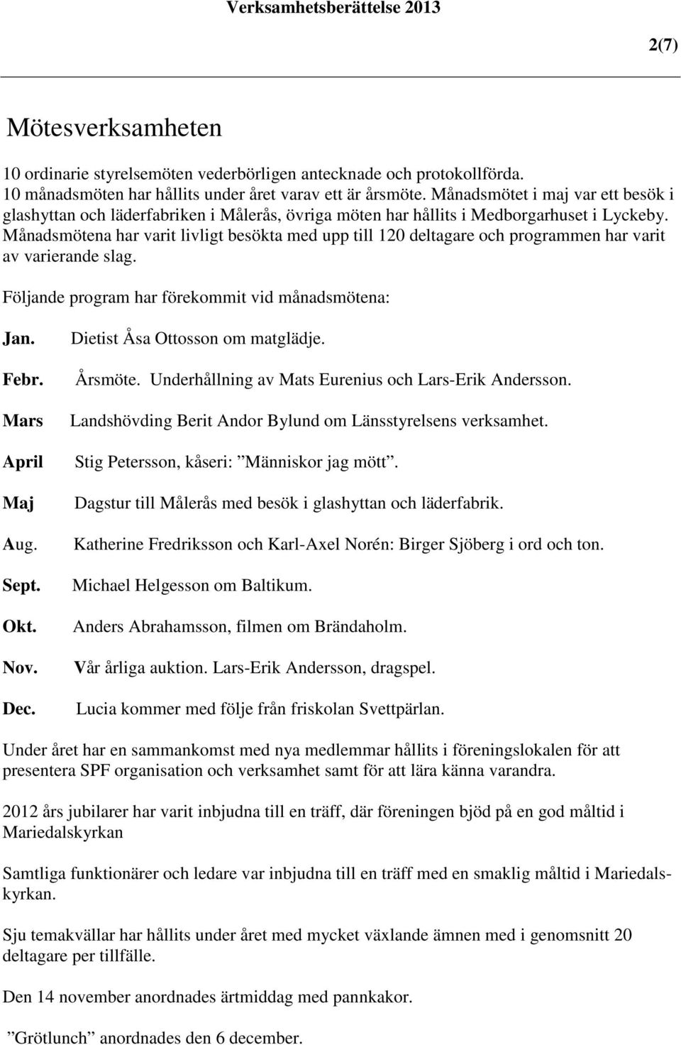 Månadsmötena har varit livligt besökta med upp till 120 deltagare och programmen har varit av varierande slag. Följande program har förekommit vid månadsmötena: Jan. Febr. Mars April Maj Aug. Sept.