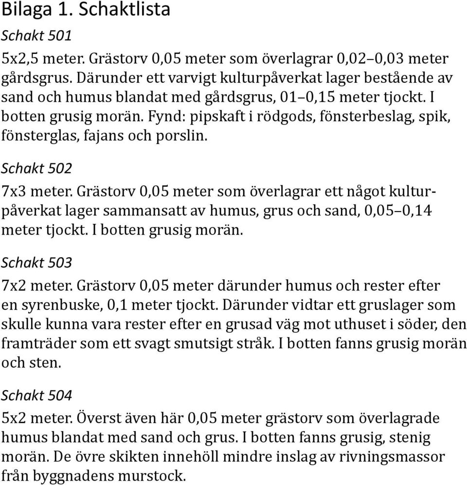 Fynd: pipskaft i rödgods, fönsterbeslag, spik, fönsterglas, fajans och porslin. Schakt 502 7x3 meter.