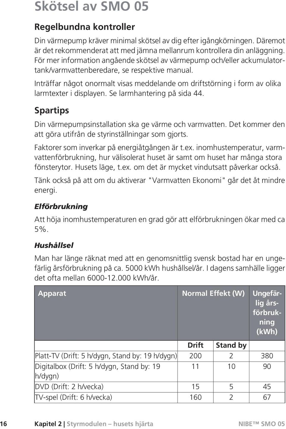 Inträffar något onormalt visas meddelande om driftstörning i form av olika larmtexter i displayen. Se larmhantering på sida 44. Spartips Din värmepumpsinstallation ska ge värme och varmvatten.