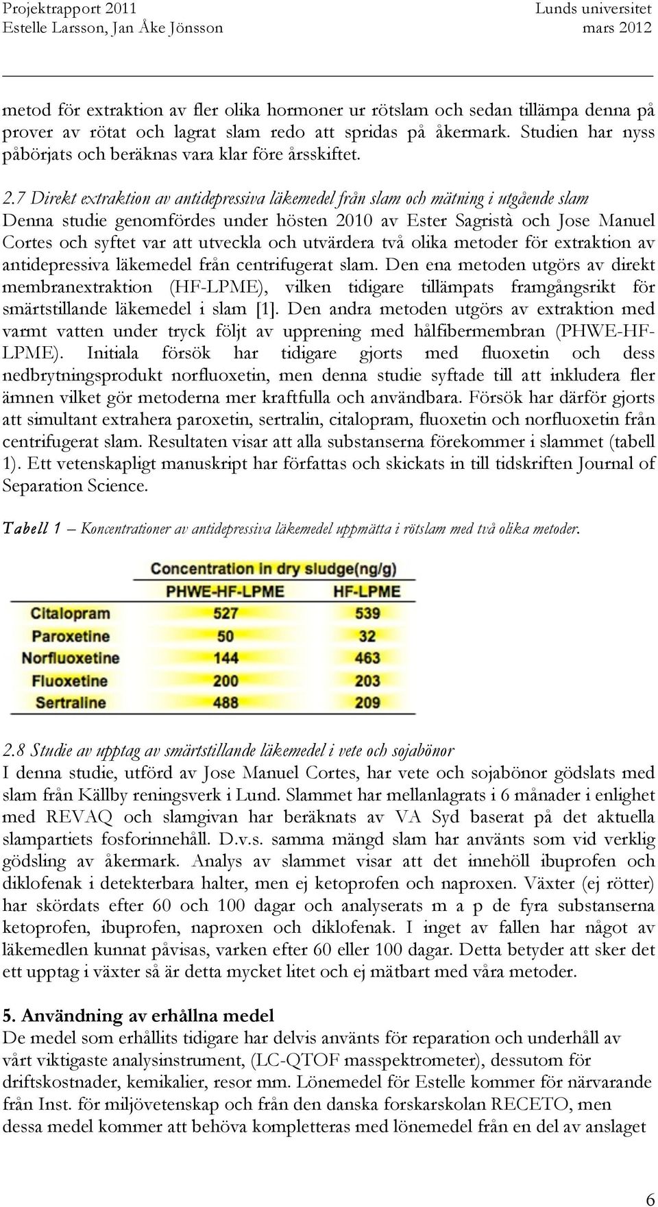 7 Direkt extraktion av antidepressiva läkemedel från slam och mätning i utgående slam Denna studie genomfördes under hösten 2010 av Ester Sagristà och Jose Manuel Cortes och syftet var att utveckla