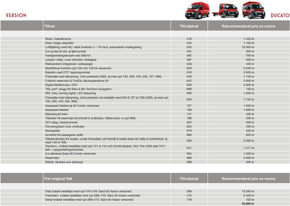 500 kr 3:e nyckel (2 std, ej fjärrnyckel) 561 300 kr Hastighetsbegränsare max 90km/t 58E 700 kr Lampa i skåp, ovan sidodörr, löstagbar.