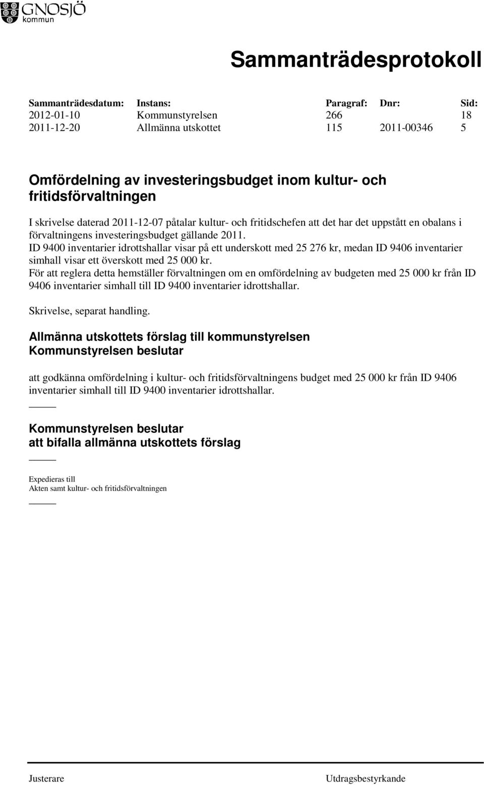 ID 9400 inventarier idrottshallar visar på ett underskott med 25 276 kr, medan ID 9406 inventarier simhall visar ett överskott med 25 000 kr.