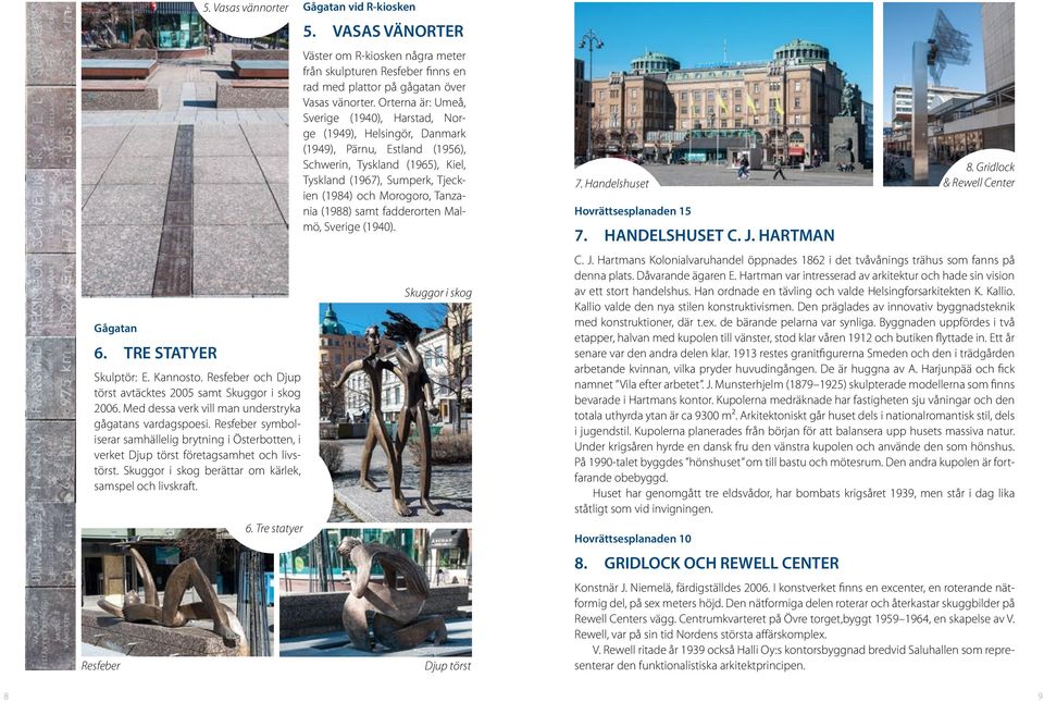 VASAS VÄNORTER Väster om R-kiosken några meter från skulpturen Resfeer finns en rad med plattor på gågatan över Vasas vänorter.