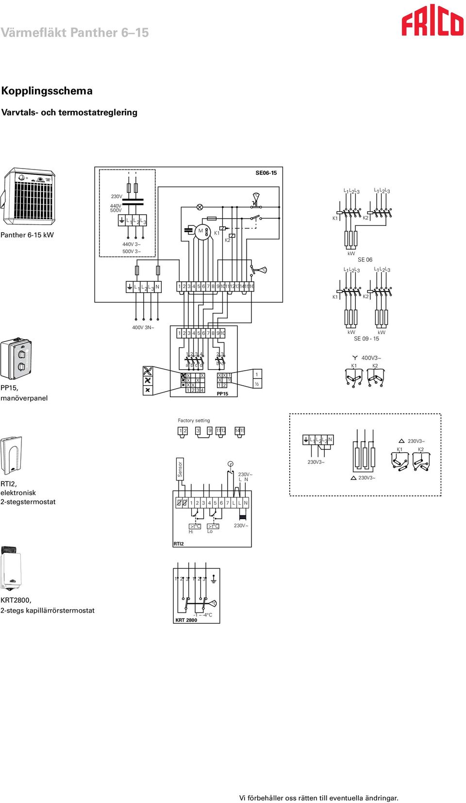 X X 123 4 X X X ½ 1 12 1 ½ Factory setting 1 2 3 9 1112 1415 L 1 L 2 L 3 N 230V3~ RTI2, elektronisk 2-stegstermostat Sensor 230V~ L N 1 2 3 4 5 6 L L N