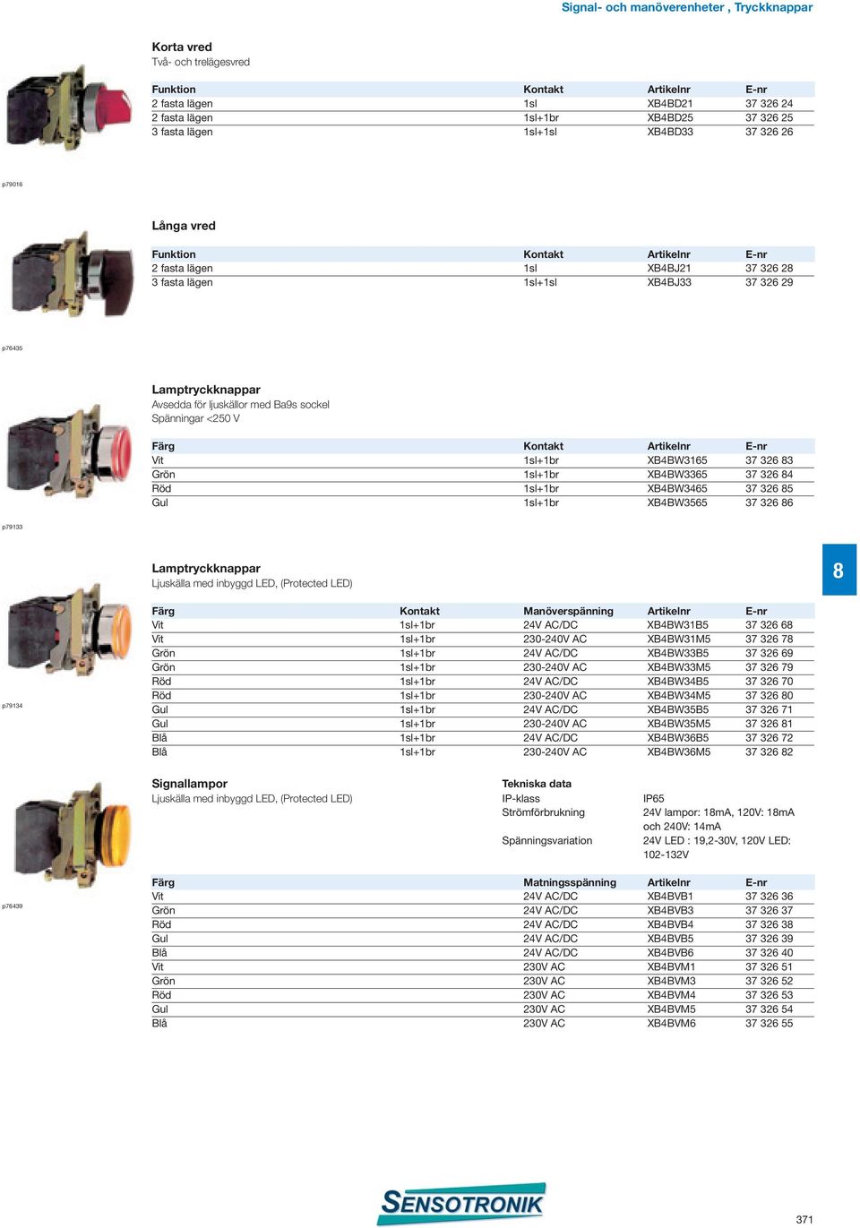 3 Grön 1sl+1br XB4BW3365 37 326 4 Röd 1sl+1br XB4BW3465 37 326 5 Gul 1sl+1br XB4BW3565 37 326 6 p79133 Ljuskälla med inbyggd LED, (Protected LED) p79134 Färg Kontakt Manöverspänning Artikelnr E-nr