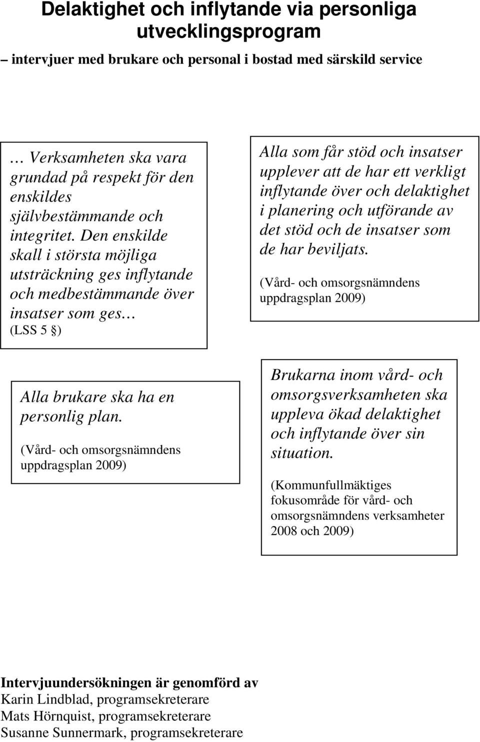 (Vård- och omsorgsnämndens uppdragsplan 2009) Alla som får stöd och insatser upplever att de har ett verkligt inflytande över och delaktighet i planering och utförande av det stöd och de insatser som