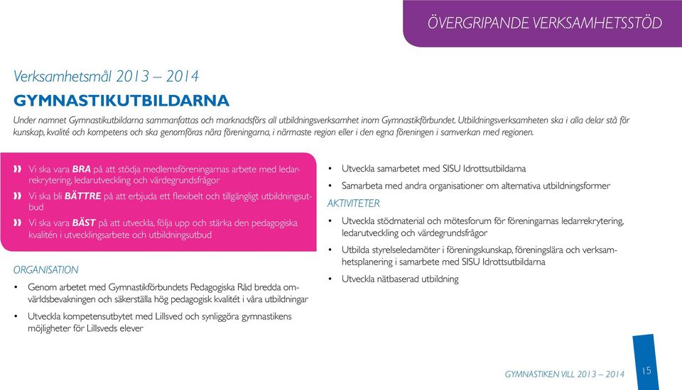 Vi ska vara BRA på att stödja medlemsföreningarnas arbete med ledarrekrytering, ledarutveckling och värdegrundsfrågor Vi ska bli BÄTTRE på att erbjuda ett flexibelt och tillgängligt utbildningsutbud