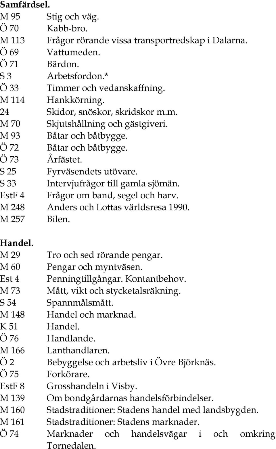 S 33 Intervjufrågor till gamla sjömän. EstF 4 Frågor om band, segel och harv. M 248 Anders och Lottas världsresa 1990. M 257 Bilen. Handel. M 29 Tro och sed rörande pengar. M 60 Pengar och myntväsen.