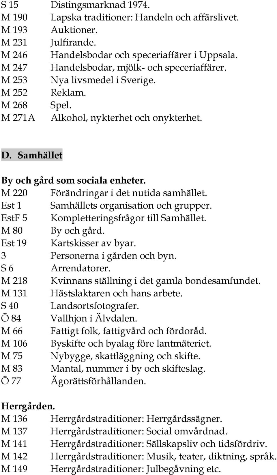 M 220 Förändringar i det nutida samhället. Est 1 Samhällets organisation och grupper. EstF 5 Kompletteringsfrågor till Samhället. M 80 By och gård. Est 19 Kartskisser av byar.