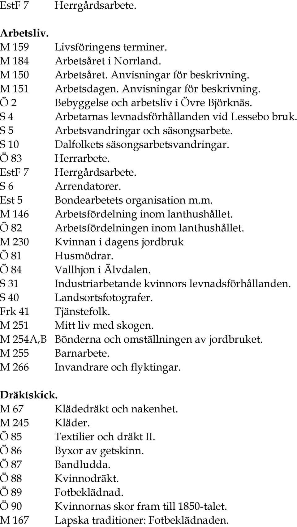 Est 5 Bondearbetets organisation m.m. M 146 Arbetsfördelning inom lanthushållet. Ö 82 Arbetsfördelningen inom lanthushållet. M 230 Kvinnan i dagens jordbruk Ö 81 Husmödrar. Ö 84 Vallhjon i Älvdalen.